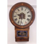 A Victorian drop-dial wall clock with 12" diam. painted dial in inlaid walnut case, with