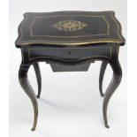 A mid-19th century French ebonised & brass-inlaid work table, the rectangular hinged top with