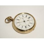 A gent’s pocket watch with black roman numerals to the white enamel dial, in “rolled-gold” case.