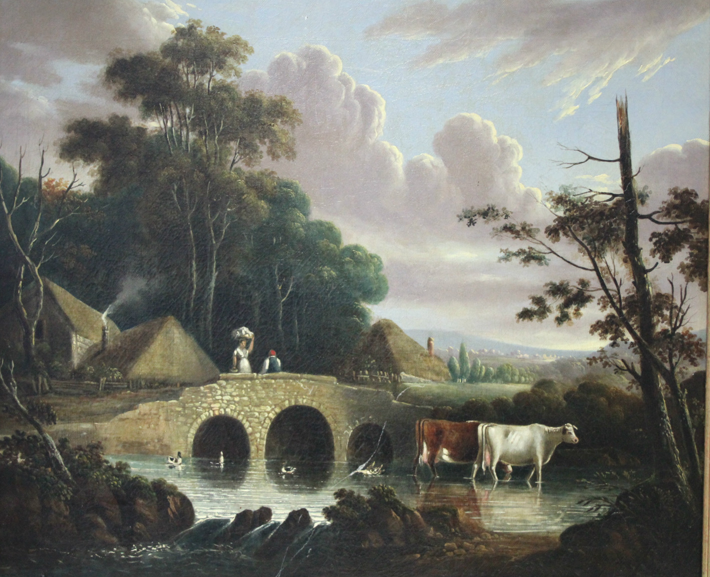 ENGLISH SCHOOL, first half of 19th century. A wooded river landscape with figures on a stone - Image 2 of 3