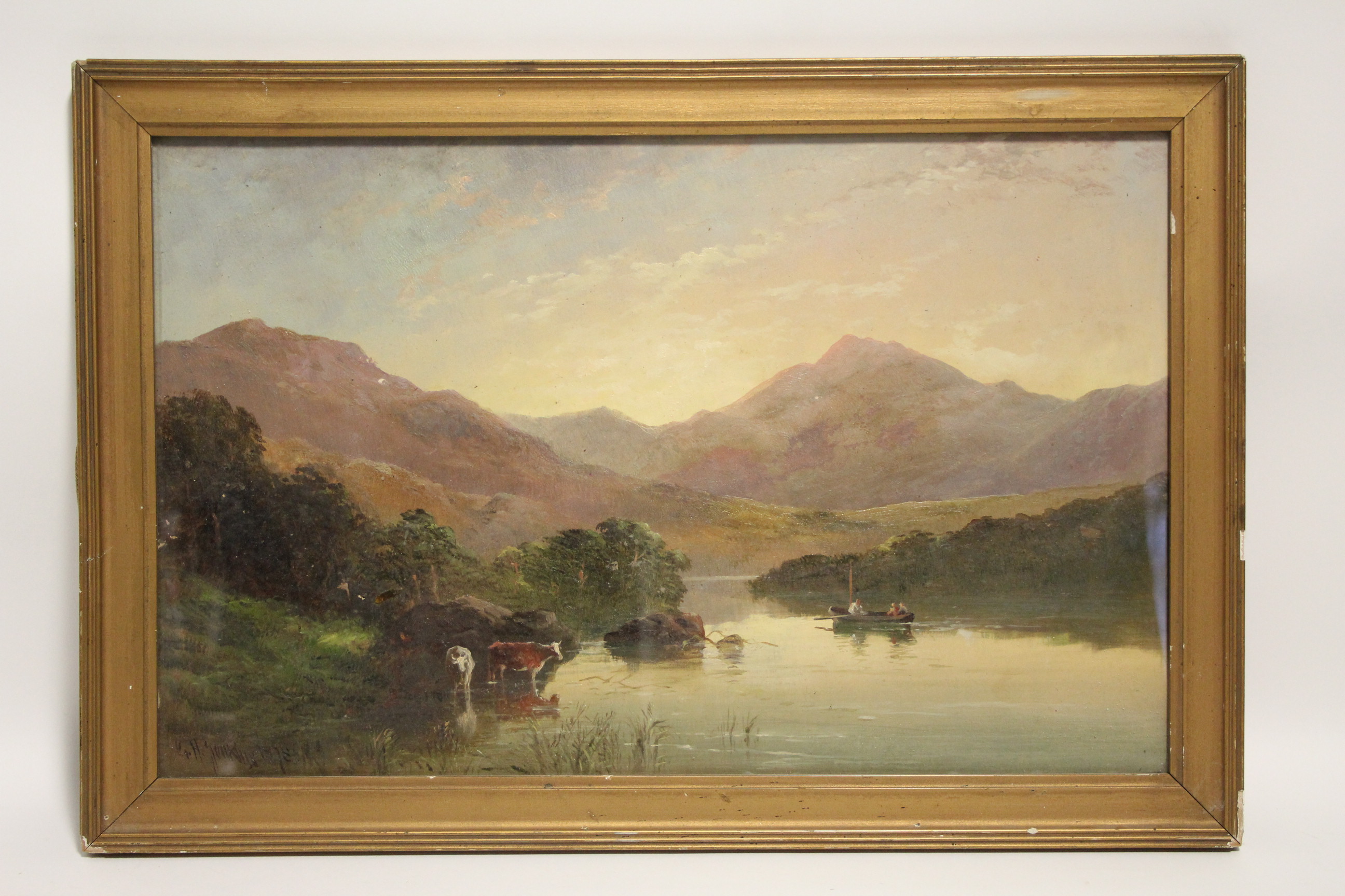 JENKINS, George Henry (1843-1914). A loch scene with figures in a rowing boat & cattle watering,