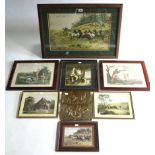 Seven various fox-hunting prints, each in glazed frame; seven various volumes on fox-hunting; & a