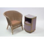 A 1950’s pink painted loom basket chair; & a similar bow-front bedside cabinet.