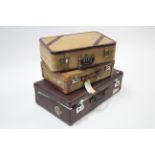 Two canvas-covered suitcases; a fibre-covered ditto; & various items of household textiles &