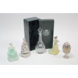 A Thomas Webb cut-glass ovoid decanter, 12½” high, cased; two Coalport bone china figures “Age of