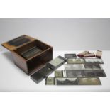 A collection of approximately sixty glass negative plates, contained in a deal box.