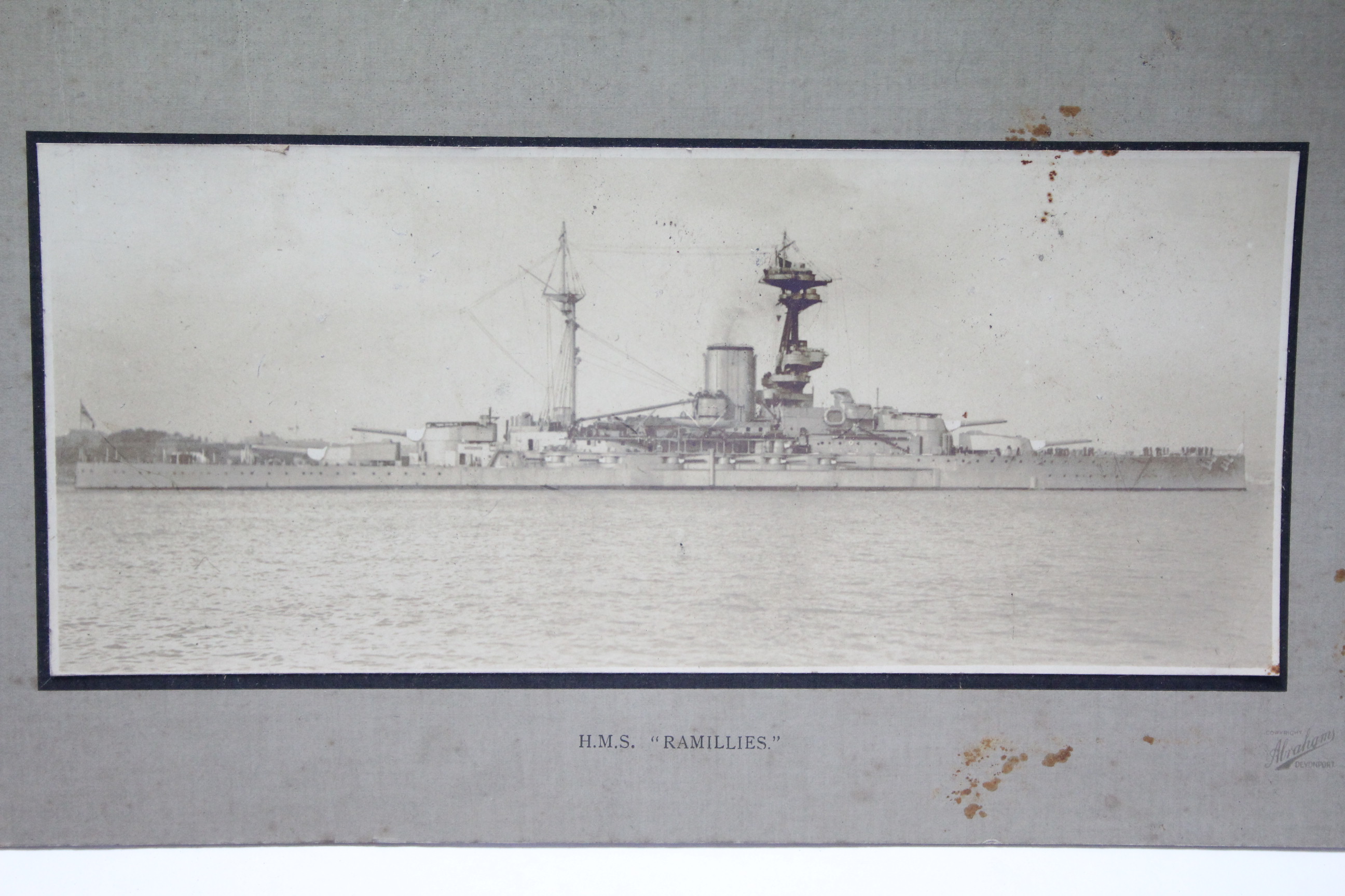 A Sepia photograph of the battleship “H. M. S. Ramillies”, 4¾” x 11¼”, mounted, un-framed; a - Bild 3 aus 3