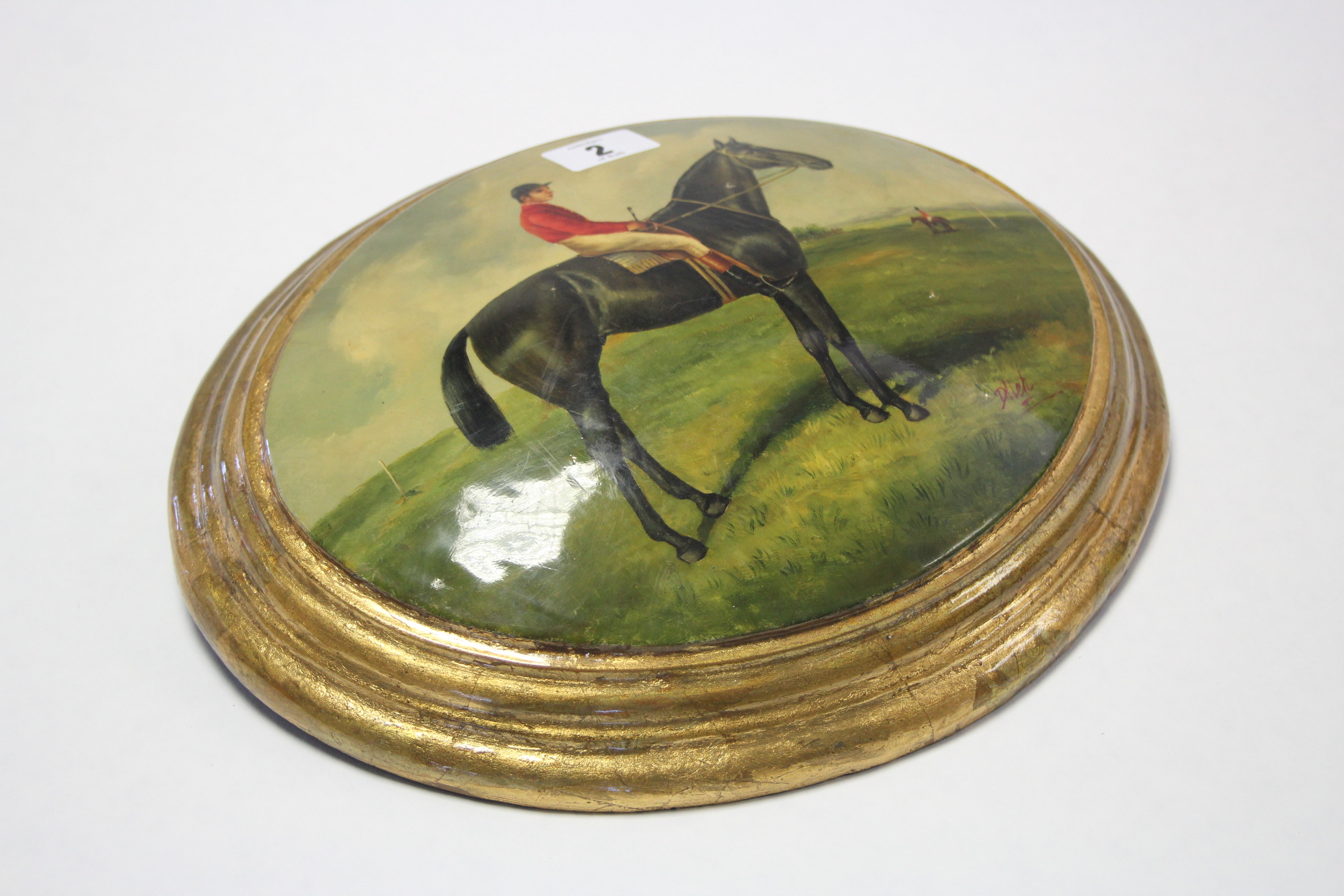 An oval convex oil painting depicting a racehorse & jockey, 8” x 10”, in gilt frame. - Image 3 of 4