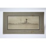 A Sepia photograph of the battleship “H. M. S. Ramillies”, 4¾” x 11¼”, mounted, un-framed; a