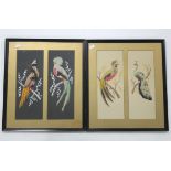 A set of four painted & featherwork bird pictures, displayed in two glazed frames.