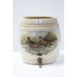 A white glazed pottery spirit barrel with printed decoration of pheasants to the front & back, 12”