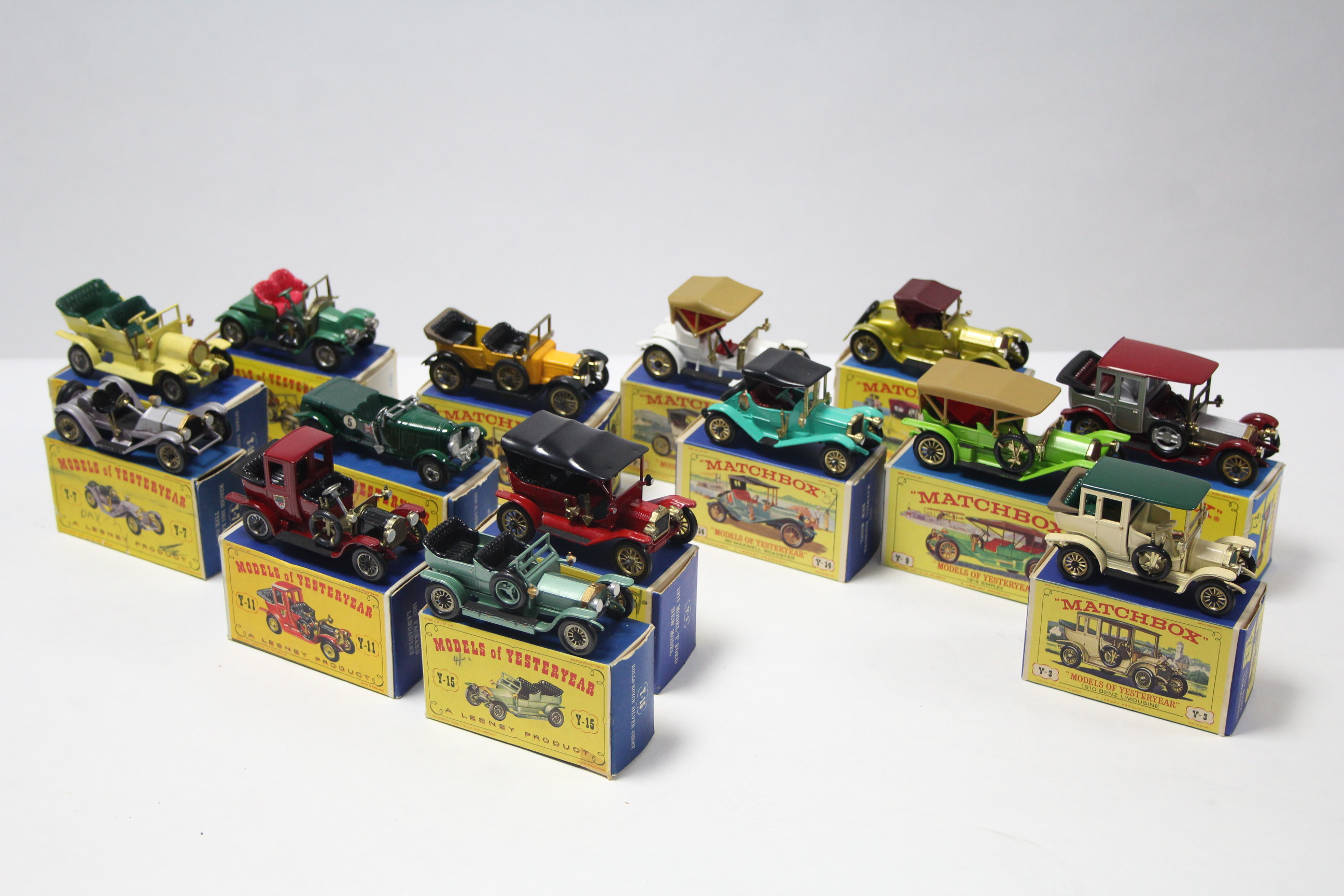 Fourteen Lesney Matchbox Models of Yesteryear scale model cars, all boxed.