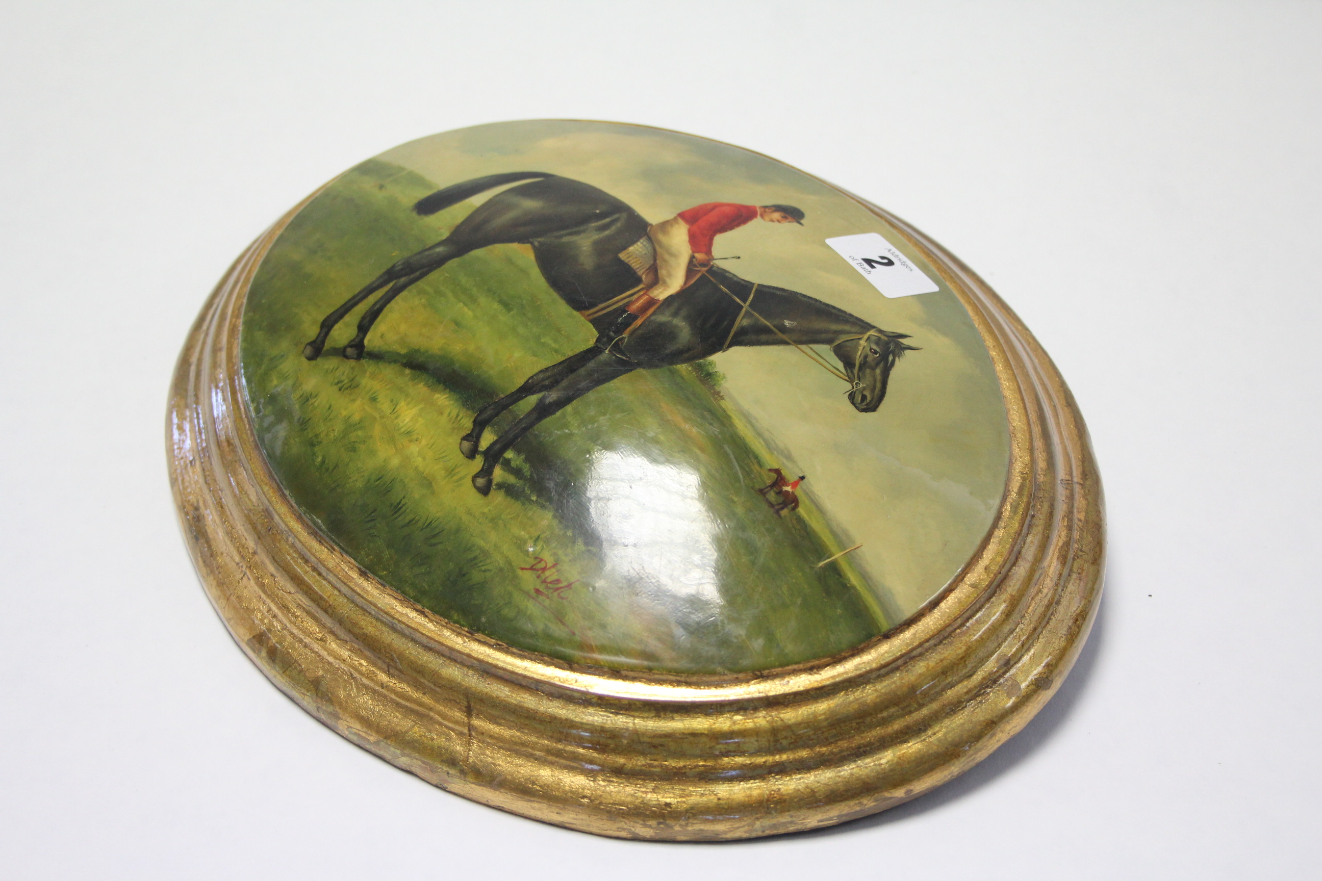 An oval convex oil painting depicting a racehorse & jockey, 8” x 10”, in gilt frame. - Image 2 of 4