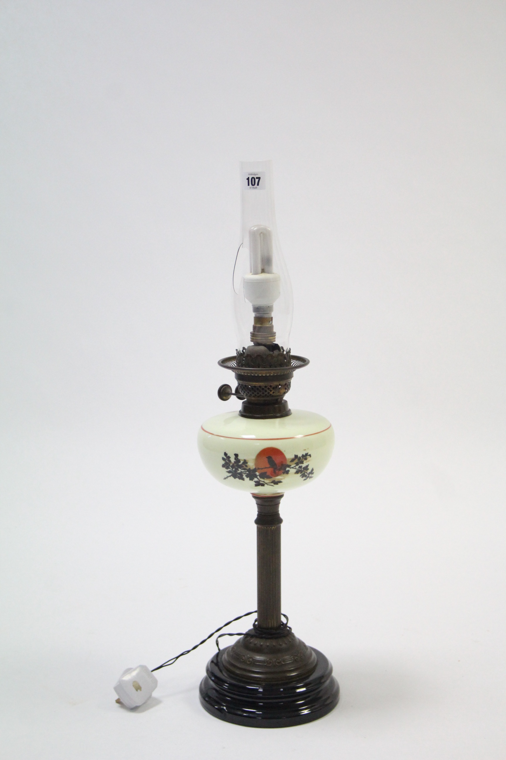 A Victorian brass oil table lamp (converted to electricity) with fluted centre column, glass - Image 2 of 2