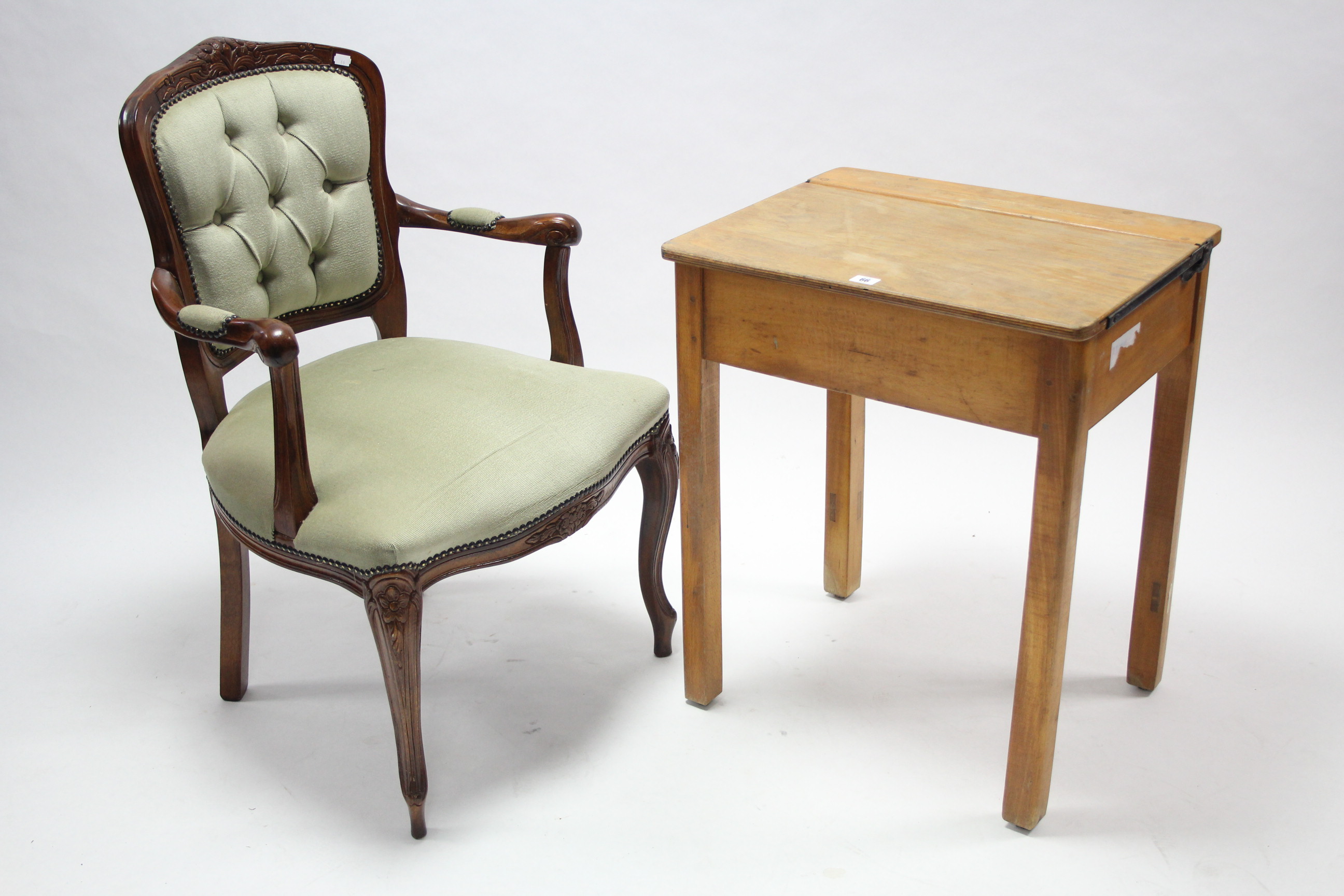 A continental-style armchair; & a child's school desk, 22" wide.