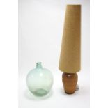 A West German pottery treacle glazed table lamp of round tapered form, with shade; & a green glass