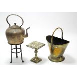 A brass coal scuttle; a brass oil table lamp; a pair of brass fire dogs; & sundry other items.