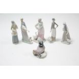 Six various Lladro & Lladro-style female figures, each with goose by her side