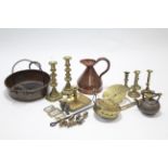 Three pairs of brass candlesticks; a copper ewer; a brass chestnut roaster; & various other items of