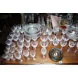 A pair of heavy cut-glass bulbous decanters; a pair of heavy cut-glass fruit bowls; & various