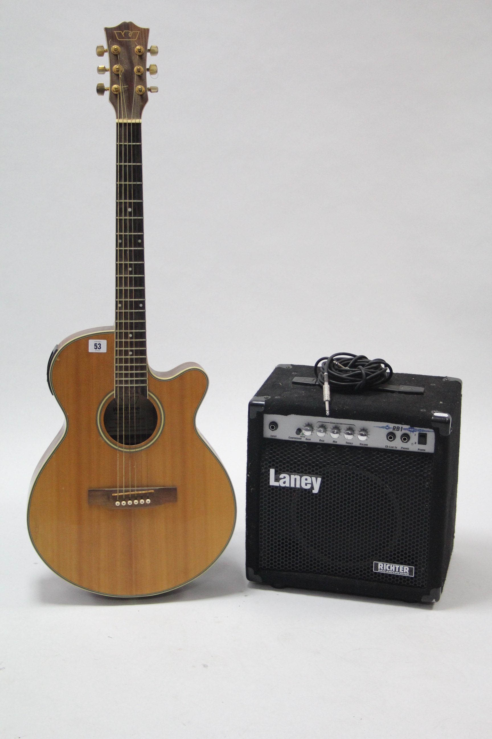 A Westone electric prairie guitar (Model No. W1SEQ); & a Laney "Richter Bass" practice amplifier.