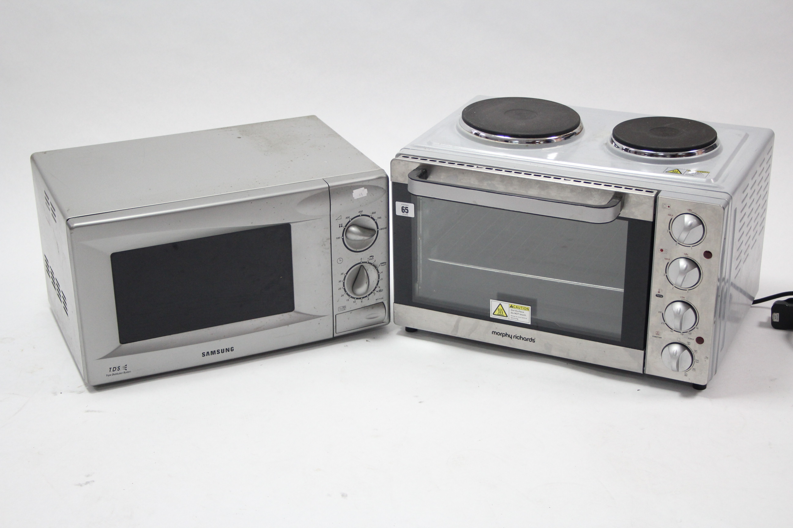 A Morphy Richards mini oven with hob; & a Samsung microwave oven, each in silvered finish case, w.