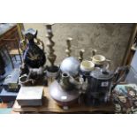 Four brass candlesticks; a plated coffee pot; a pottery vase; & sundry other items.