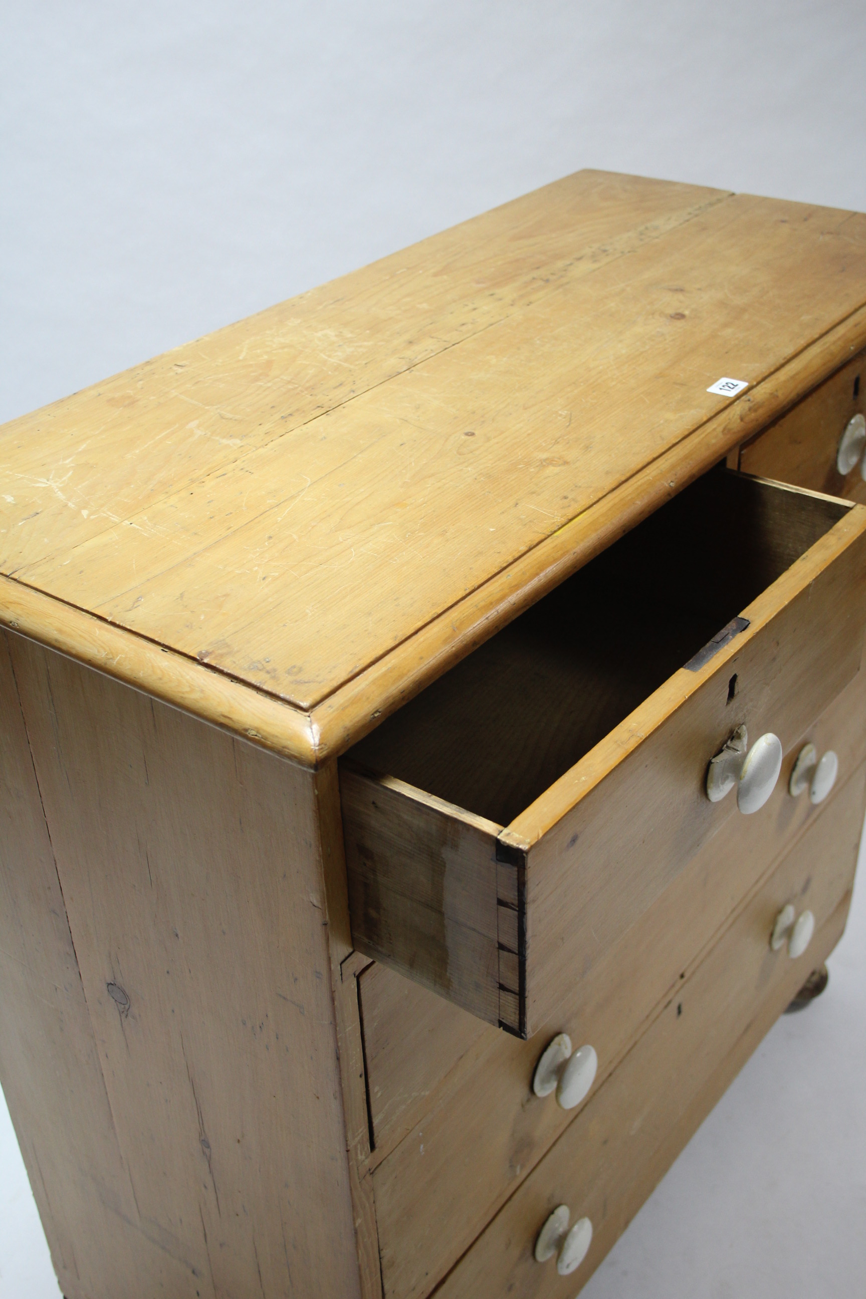 A Victorian pine chest fitted two short & three long graduated drawers with turned knob handles, & - Image 2 of 2