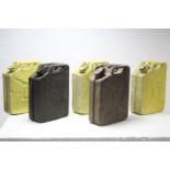 Five various painted & plain metal jerrycans