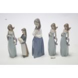 Five Lladro porcelain female figures, one w.a.f.