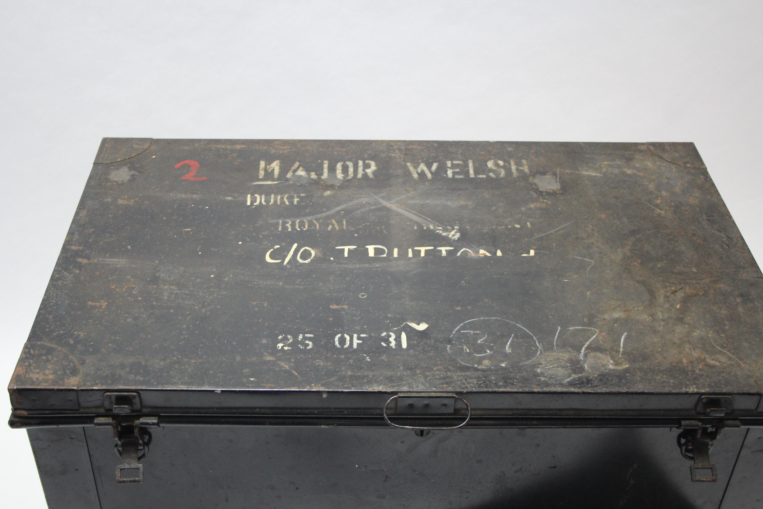 Three japanned-metal travelling trunks, each inscribed “Major R. T. Welsh, Royal Engineers”, 36”, - Image 3 of 4