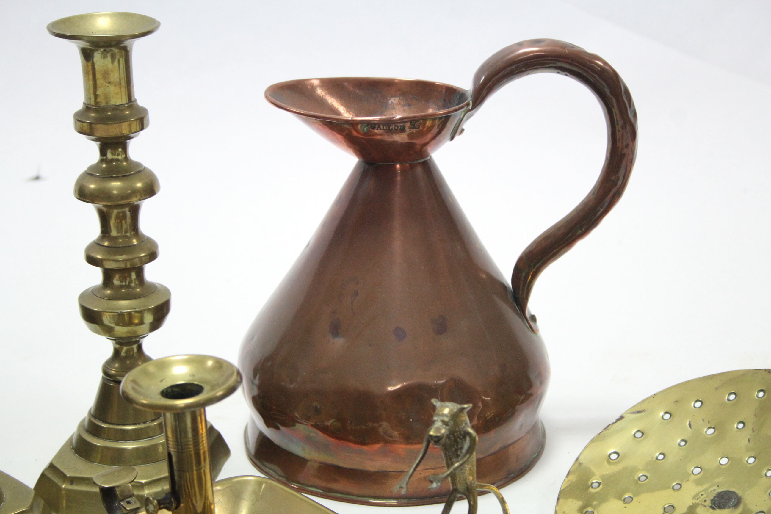 Three pairs of brass candlesticks; a copper ewer; a brass chestnut roaster; & various other items of - Image 2 of 6