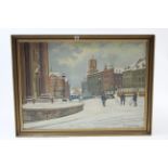 A large oil painting on canvas of a winter town scene with numerous figures to the foreground,