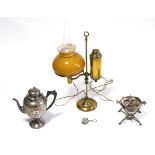 A silver plated egg coddler; a silver plated engraved coffee pot; a brass table lamp; a brass