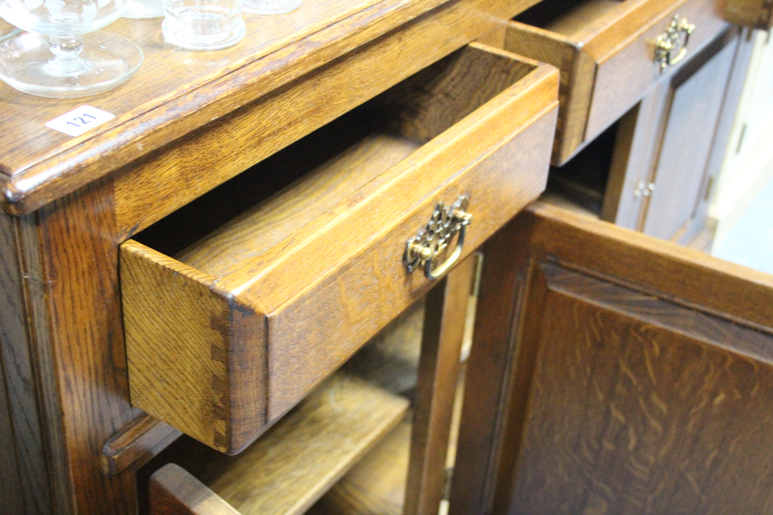 A good quality 19th century-style oak dresser, the upper part with open shelves & fitted cupboard to - Image 4 of 4