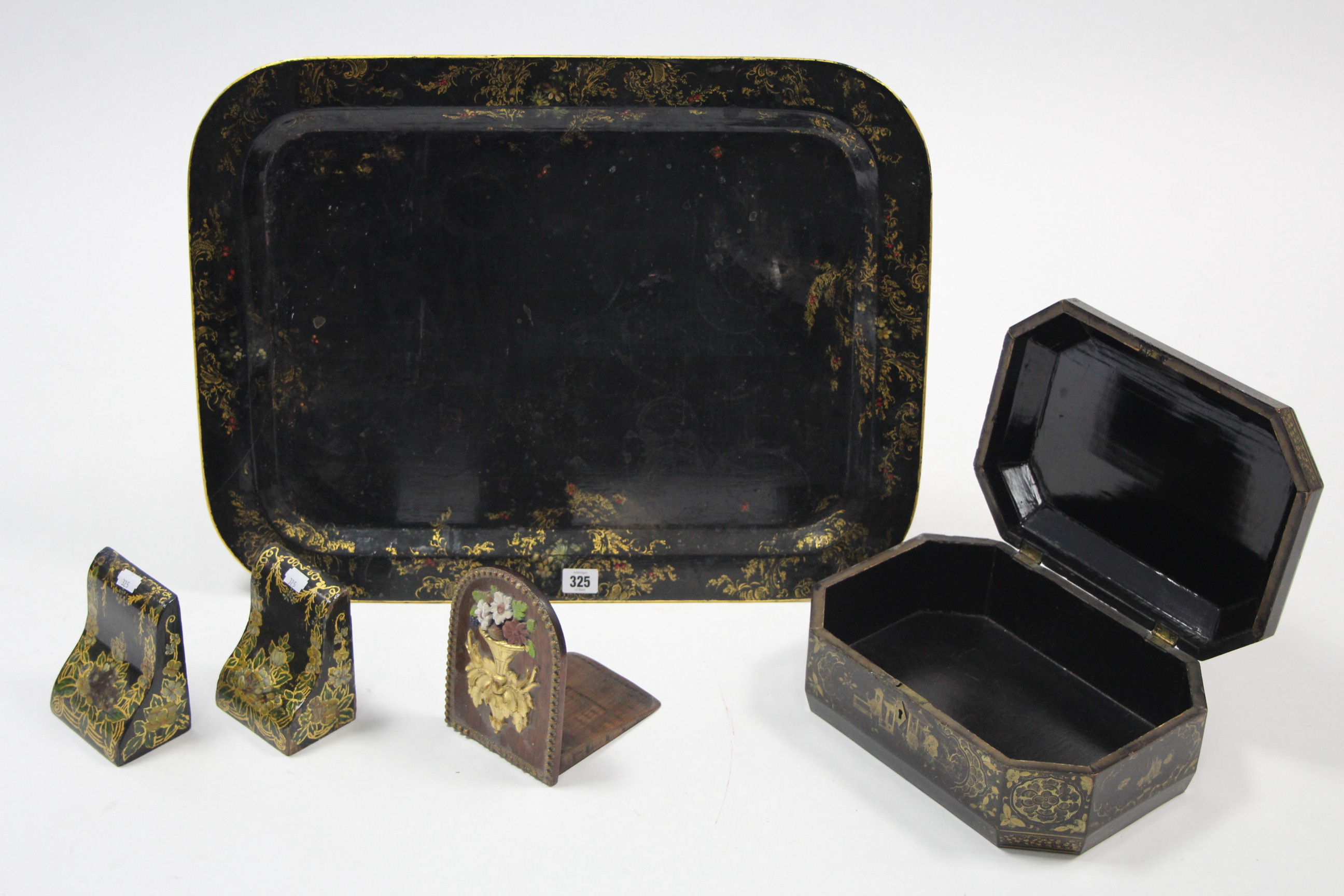 A Tôleware-type rectangular tea tray of black ground & with gold & multi-coloured foliate design, - Image 2 of 2