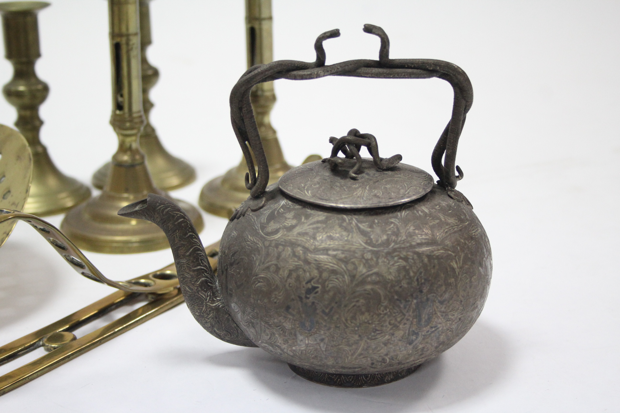 Three pairs of brass candlesticks; a copper ewer; a brass chestnut roaster; & various other items of - Image 6 of 6