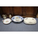 A Victorian blue & white floral decorated oval two-handled toilet basin; a Victorian china two-