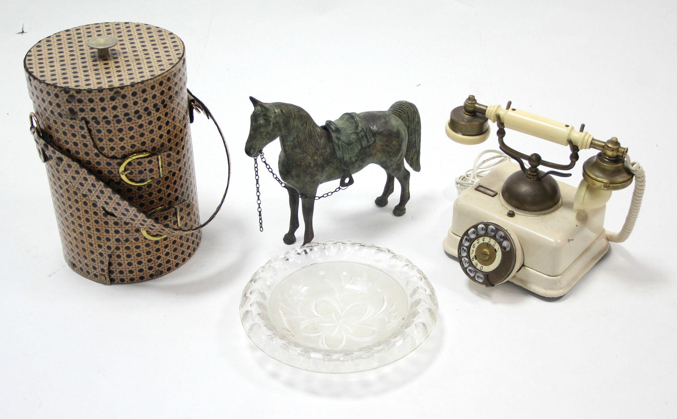 A bronze horse ornament; a replica vintage telephone; a cut-glass circular bowl; & sundry other