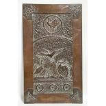A Victorian Arts & Crafts copper rectangular panel in the "Japonesque" style, embossed with cranes &