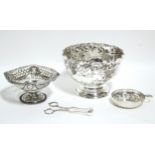 A late Victorian embossed rose bowl, 5¾" diam.; Sheffield 1899; a pierced & embossed sweetmeat