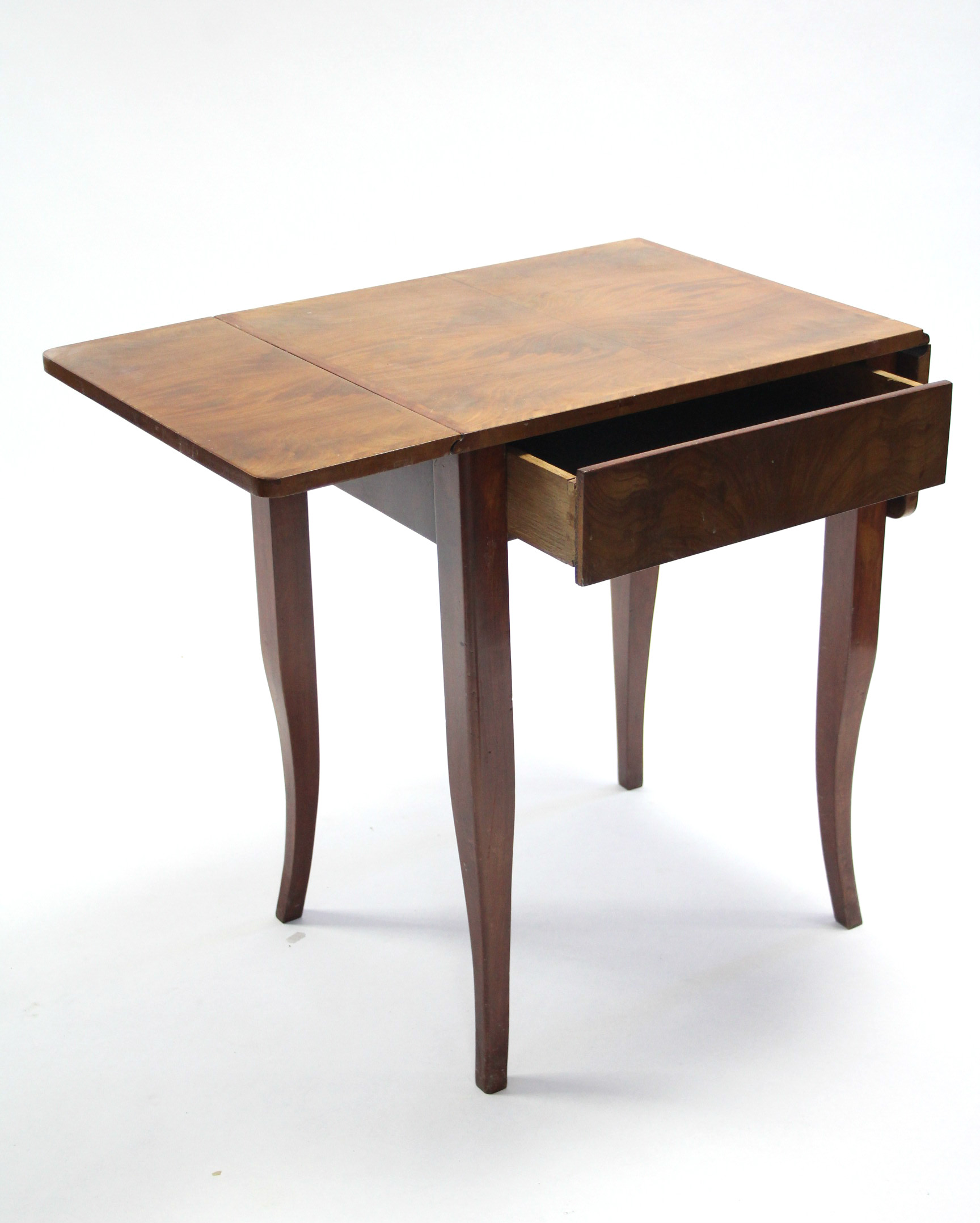 A 19th century continental figured mahogany drop-leaf side table fitted frieze drawer, & on four - Image 2 of 2