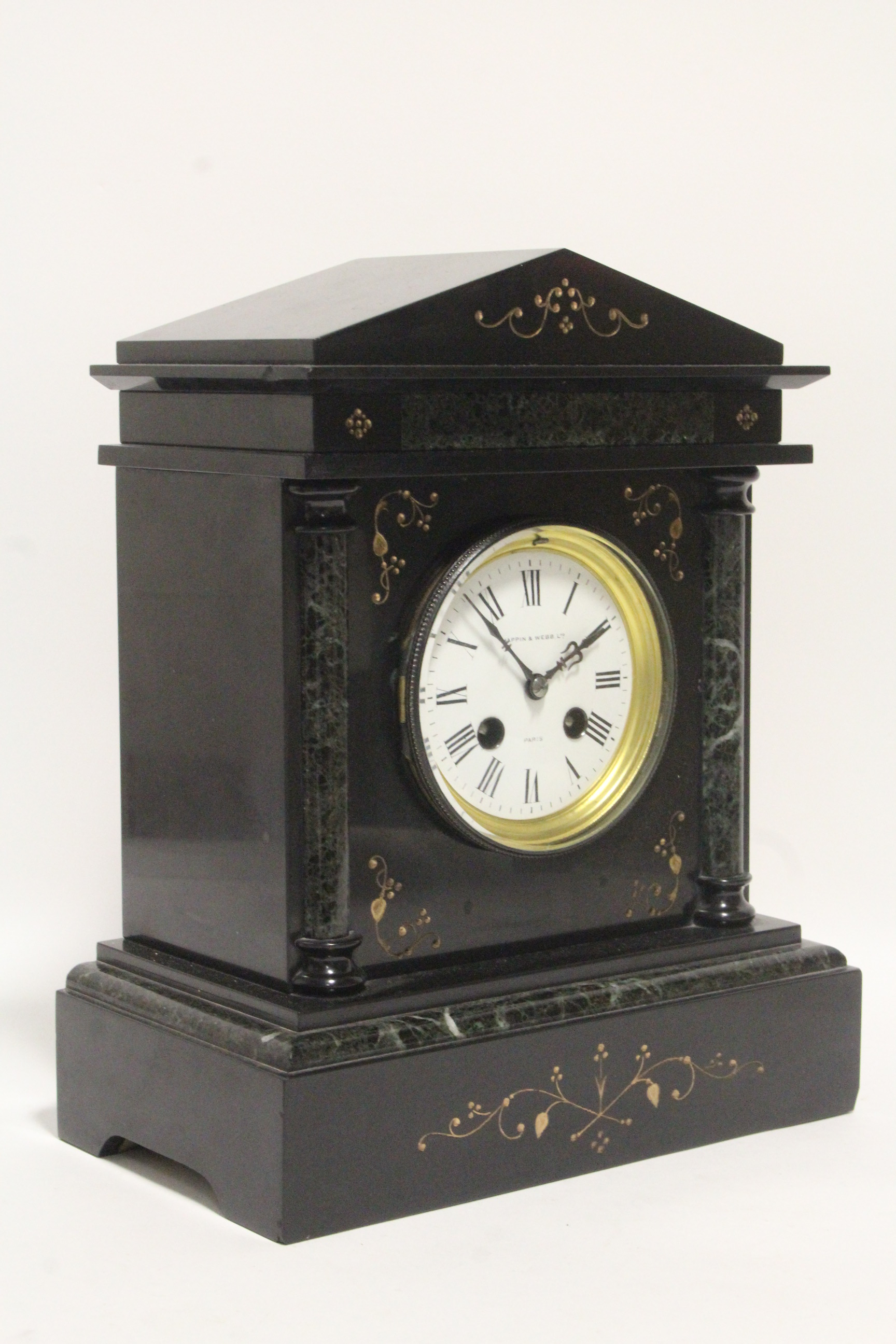 A Victorian striking mantel clock with 4" diam. white enamel dial, in black slate & green marble - Image 3 of 4