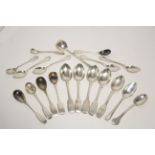 Eleven various Georgian, Victorian, & later teaspoons; & eight condiment spoons – odd dates &