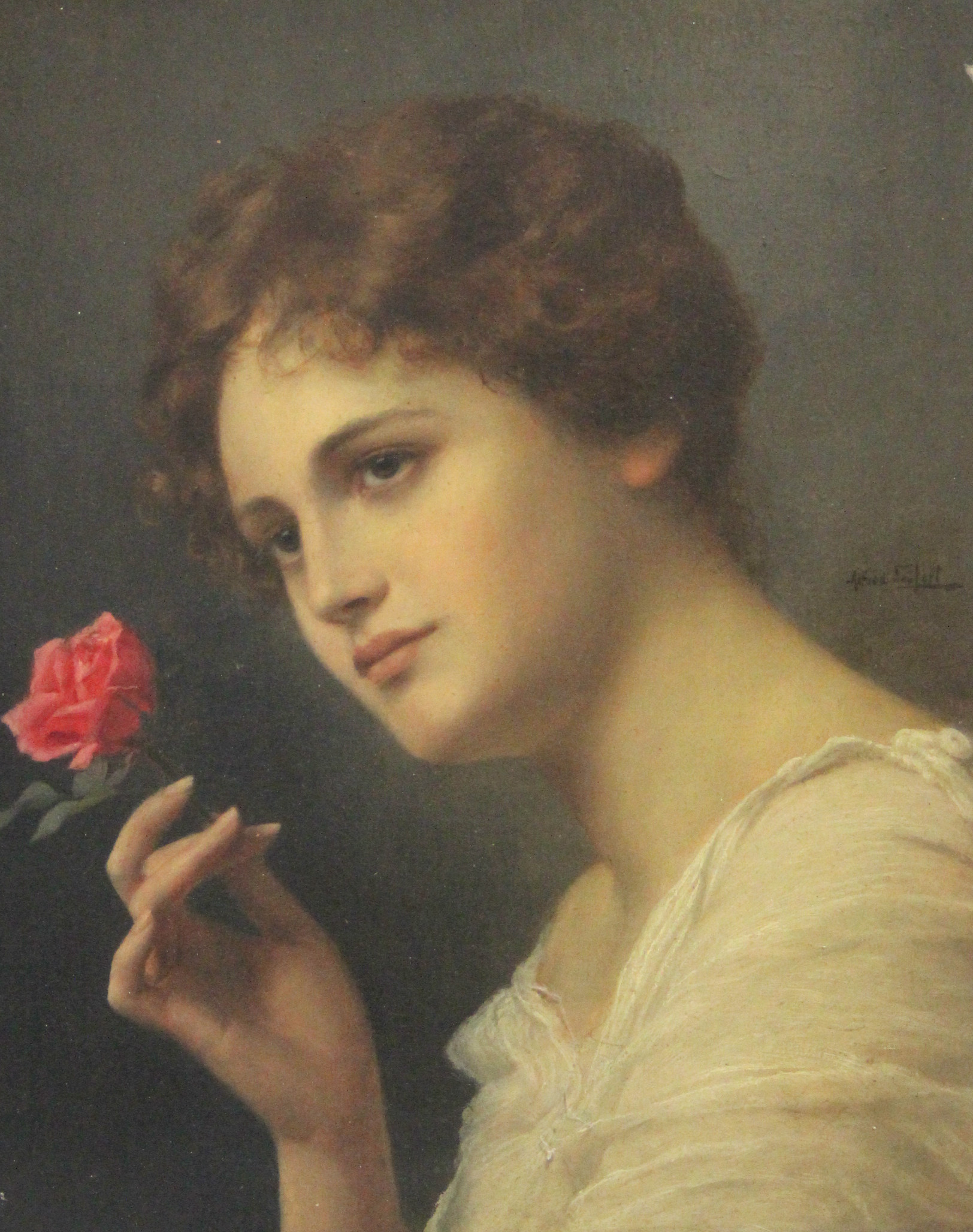 SIEFERT, Alfred (1850-1901). A head-&-shoulders portrait of a young lady holding a pink rose. - Image 2 of 5