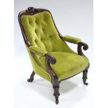 An early Victorian mahogany frame armchair with scroll arms & Prince-of-Wales feathers, the padded