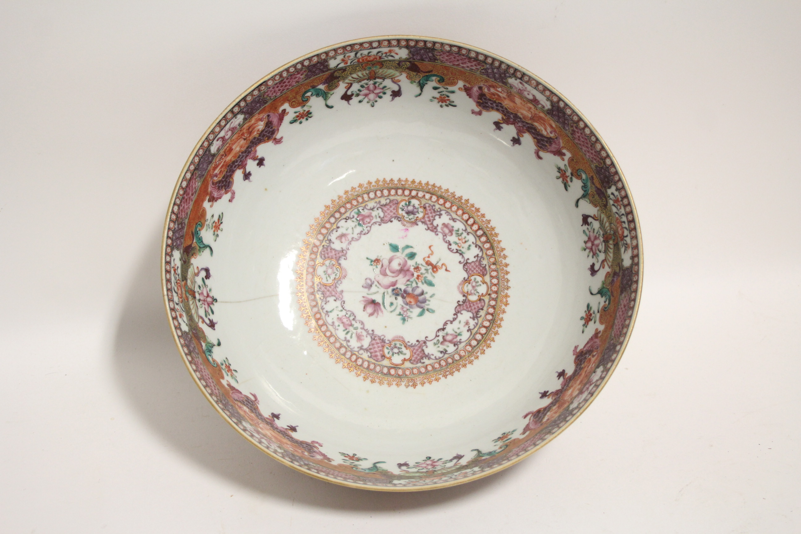 An 18th century Chinese porcelain "Mandarin" pattern punch bowl; 11¼" diam. (cracked). - Image 3 of 5