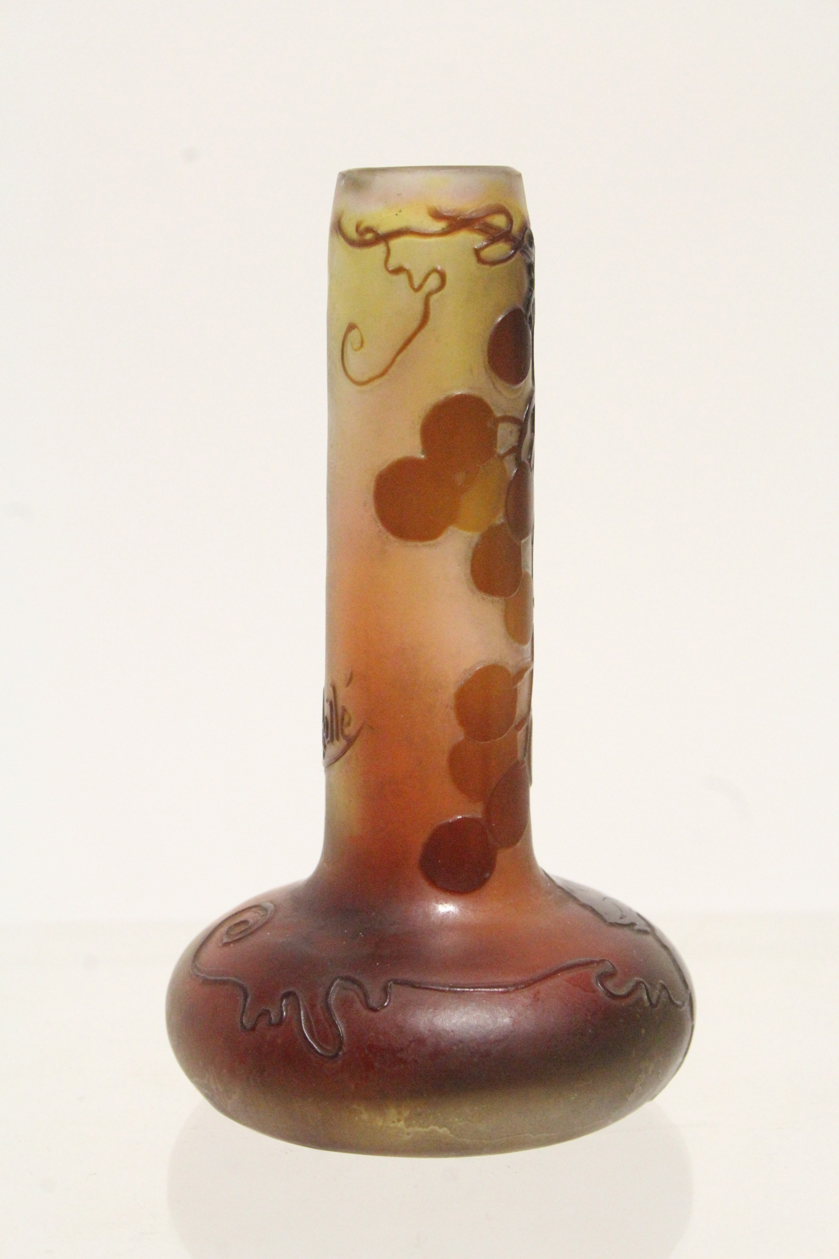 A Gallé cameo glass small vase with squat round body & tall narrow neck, decorated with fruiting - Image 5 of 6