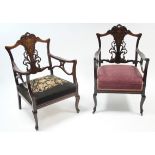 A pair of late 19th century mahogany elbow chairs with marquetry decoration to the pierced splats,