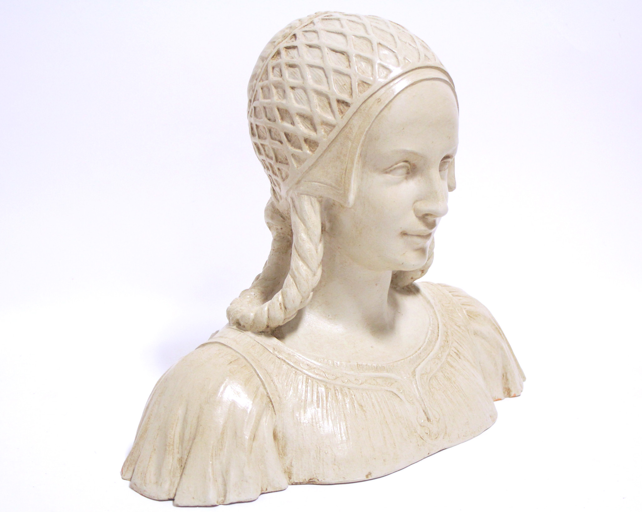 A painted terracotta bust in the renaissance style, of a young woman with plaited hair, signed to - Image 2 of 5